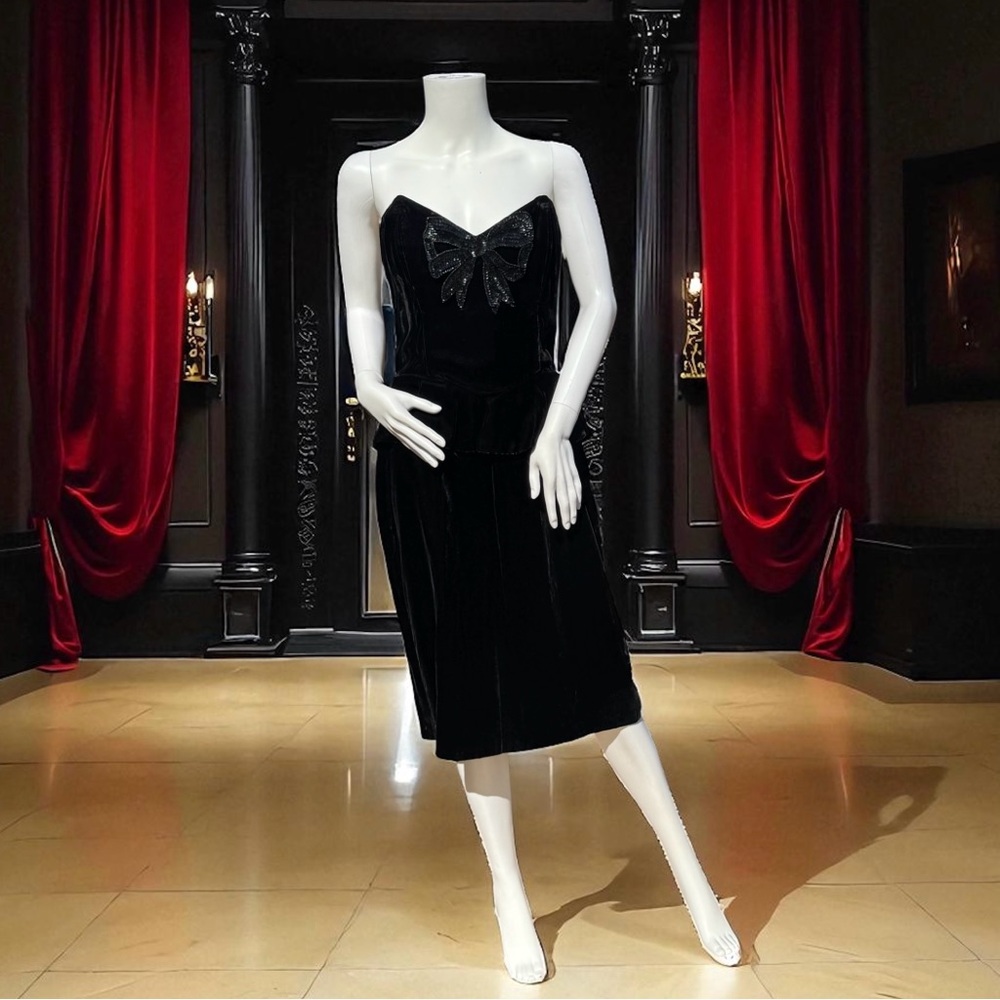 Vintage GUNNE SAX By Jessica McClintock Black Sequin Bow Strapless Velvet Dress